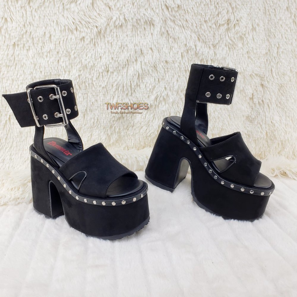 Camel 102 Stacked Black Velvet Platform Sandals Goth Punk Demonia Emo - Picture 8 of 10
